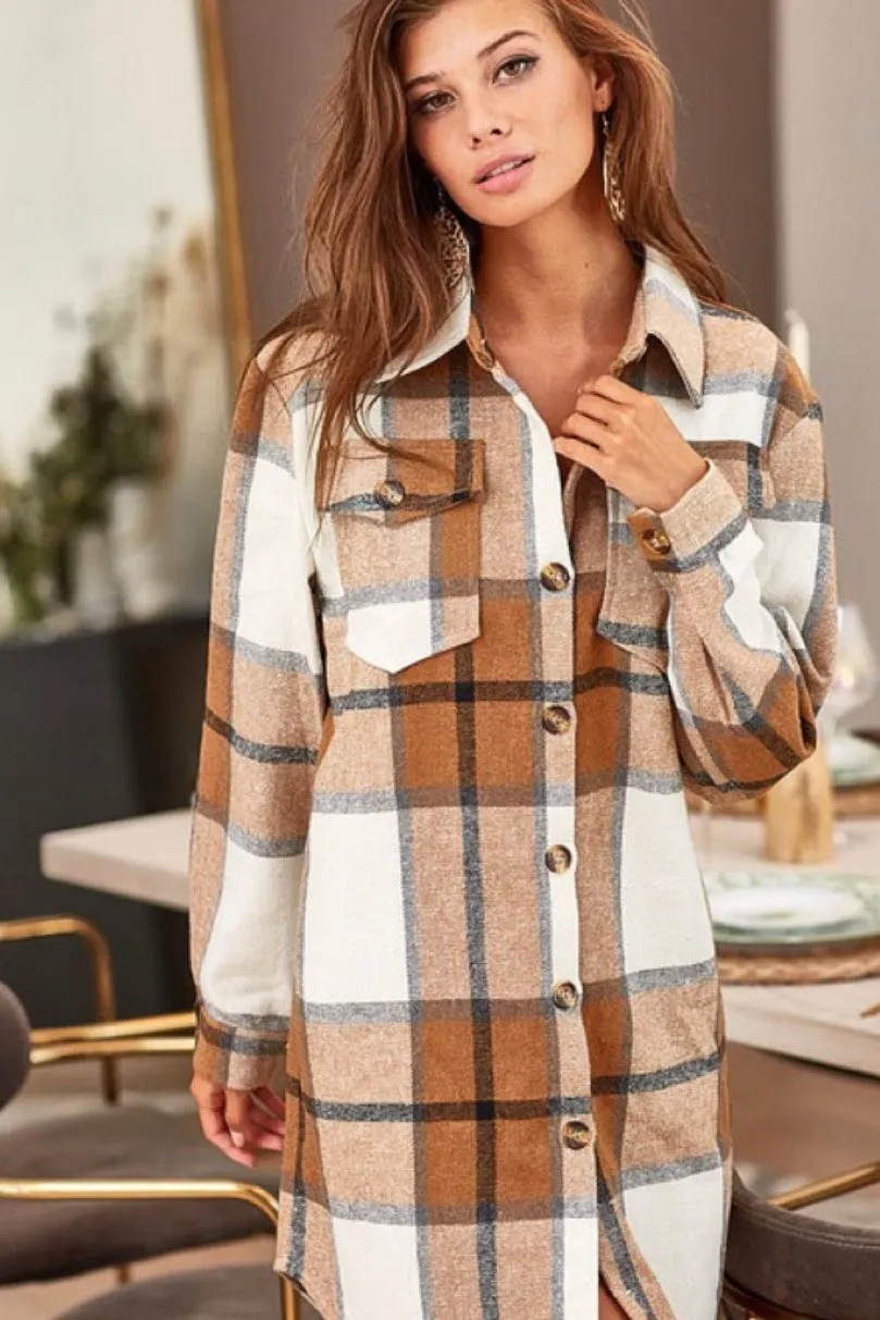 4445 Plaid Shacket in Taupe