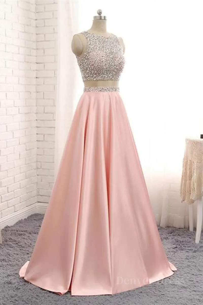 A Line Round Neck Two Pieces Beaded Pink Prom Dresses Two Pieces Pink Formal Dresses Pink Evening Dresses