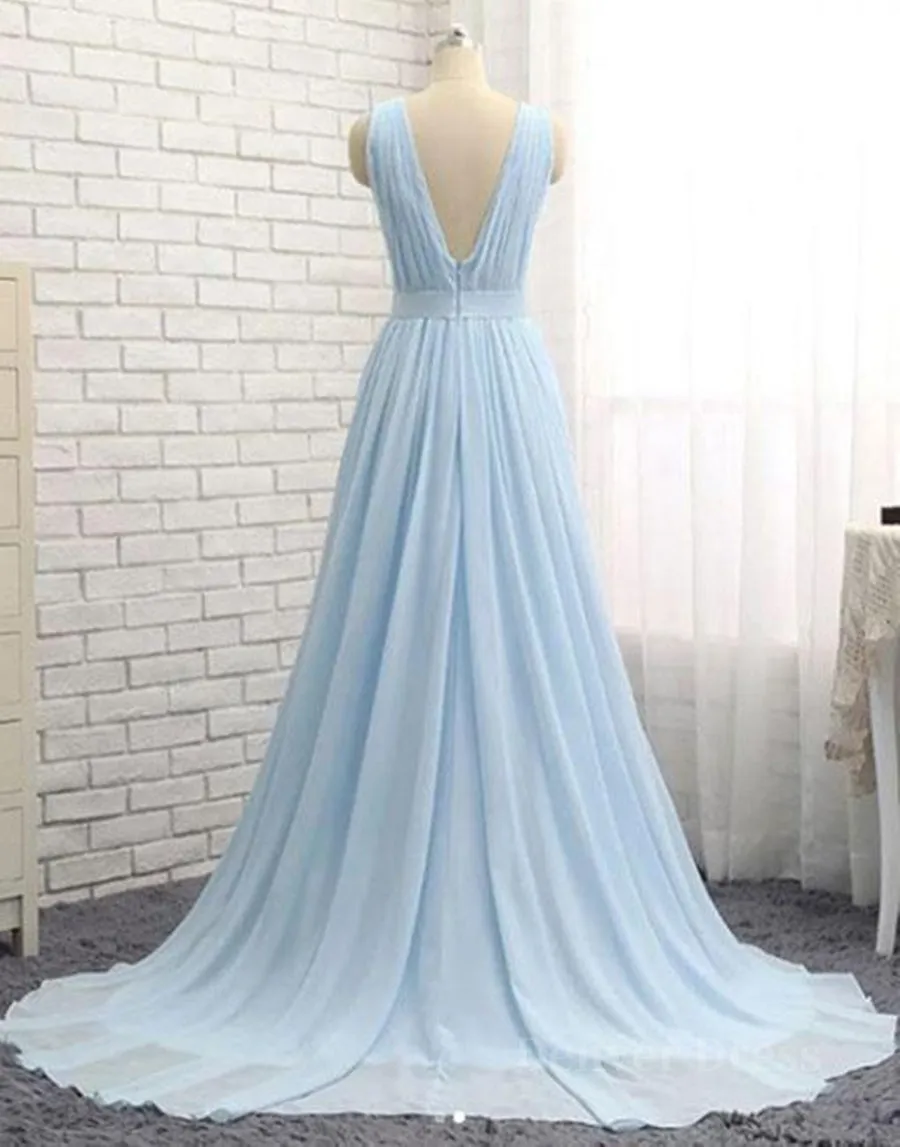 A Line V Neck and V Back Sky Blue Chiffon Long Prom Dresses V Neck Blue Formal Dresses Blue Evening Dresses