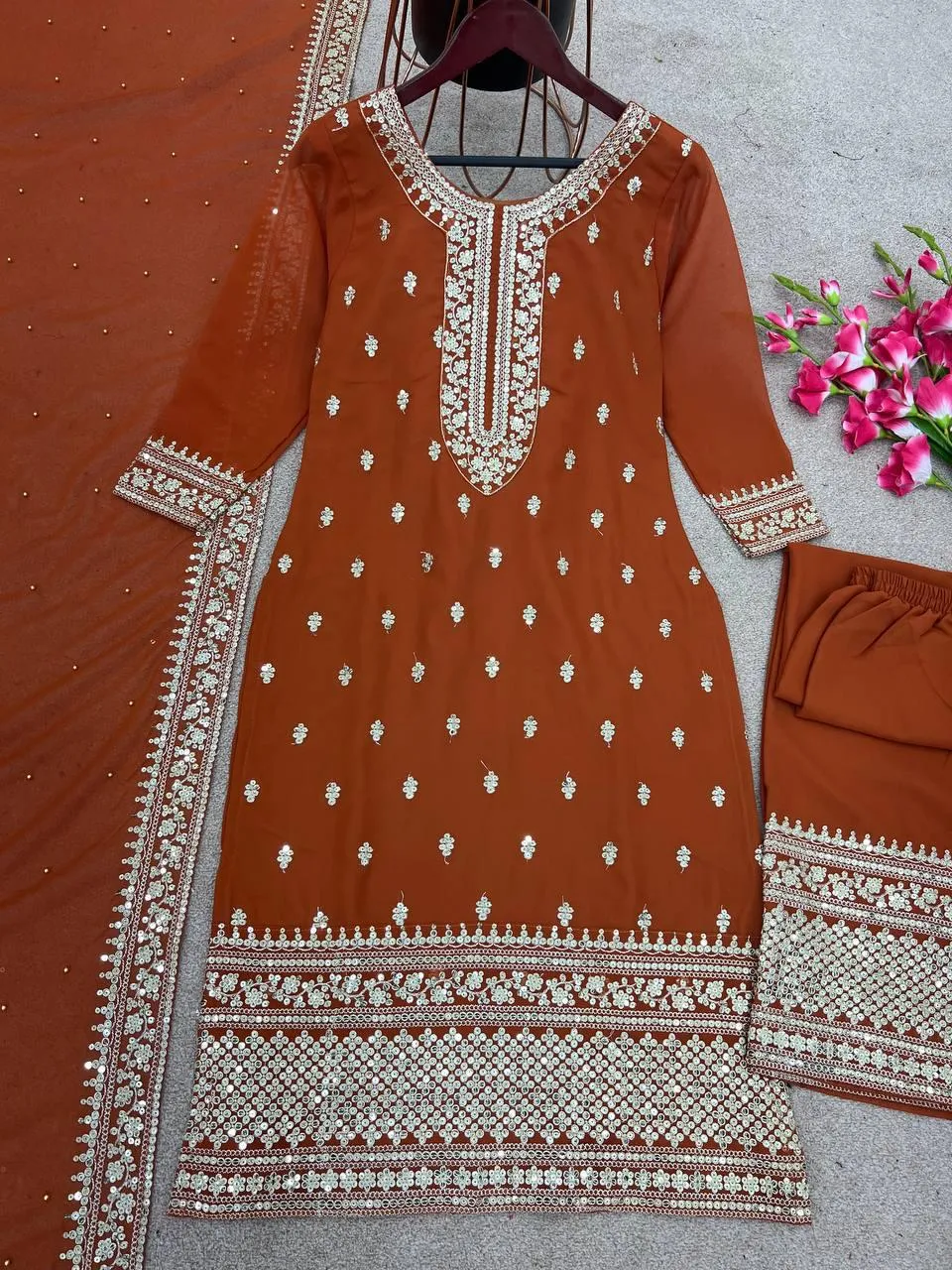 Appealing Brown Colored Chinon Silk Heavy Embroidery Sequins Work Palazzo Suits For Women