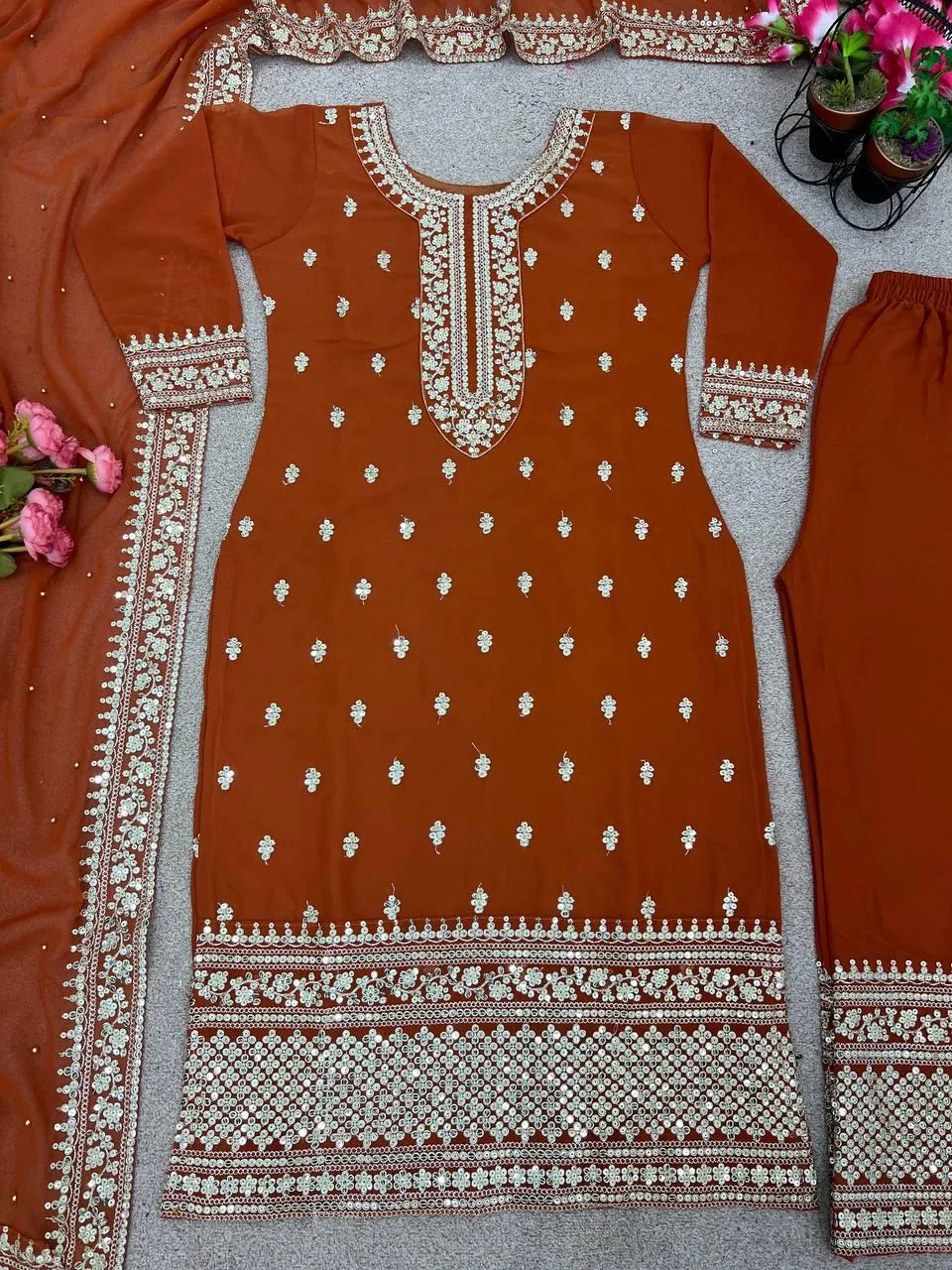 Appealing Brown Colored Chinon Silk Heavy Embroidery Sequins Work Palazzo Suits For Women