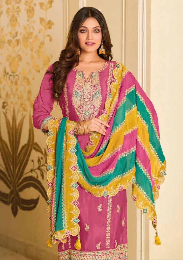 Appealing Pink Colored Embroidery Work Premium Silk Salwar Suits For Women