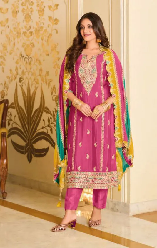 Appealing Pink Colored Embroidery Work Premium Silk Salwar Suits For Women