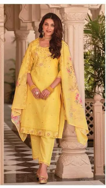 Appealing Yellow Color Designer Embroidered Salwar With Fancy Dupatta For Women