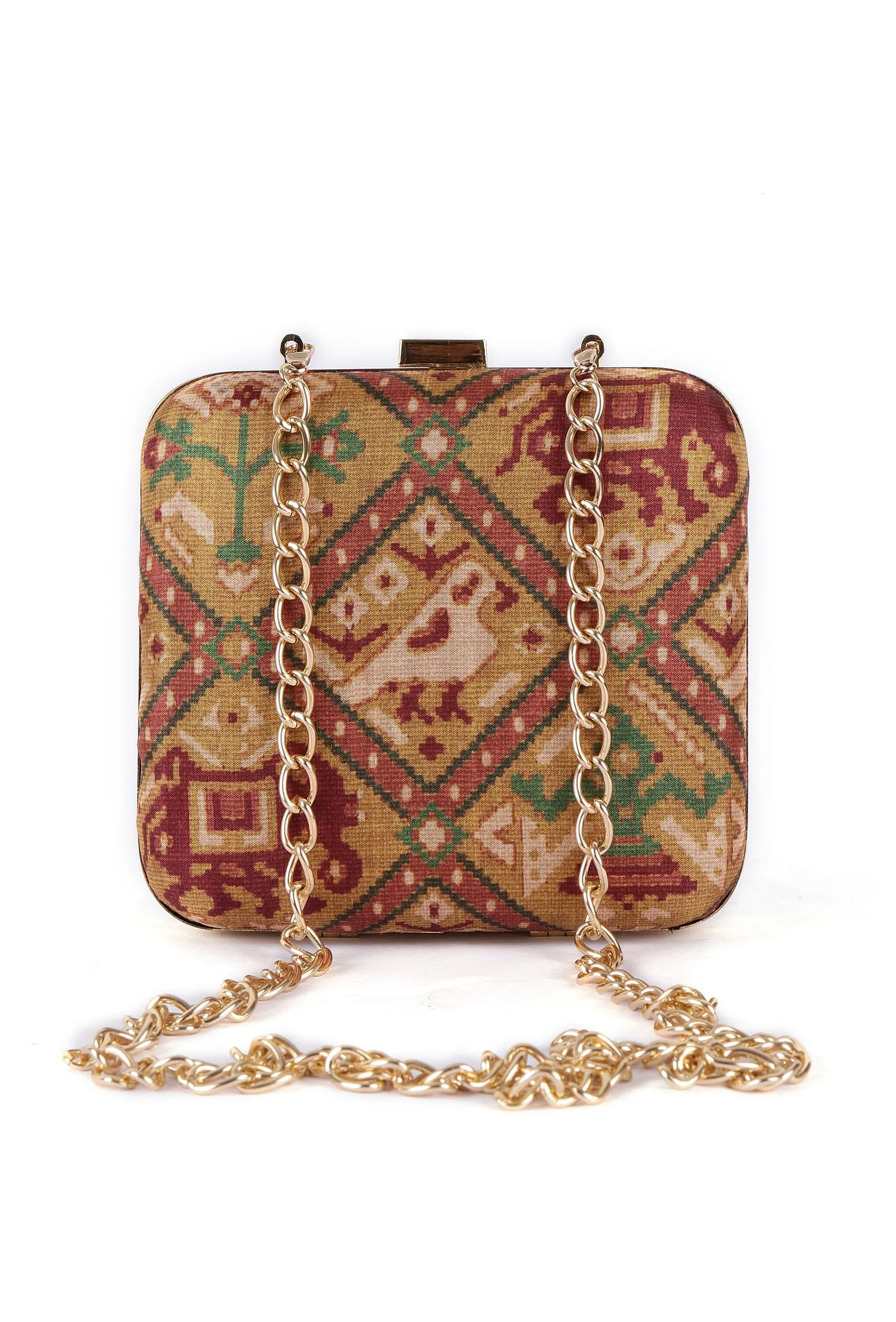 Aviva Golden & Multi Patola Print Square Box Clutch