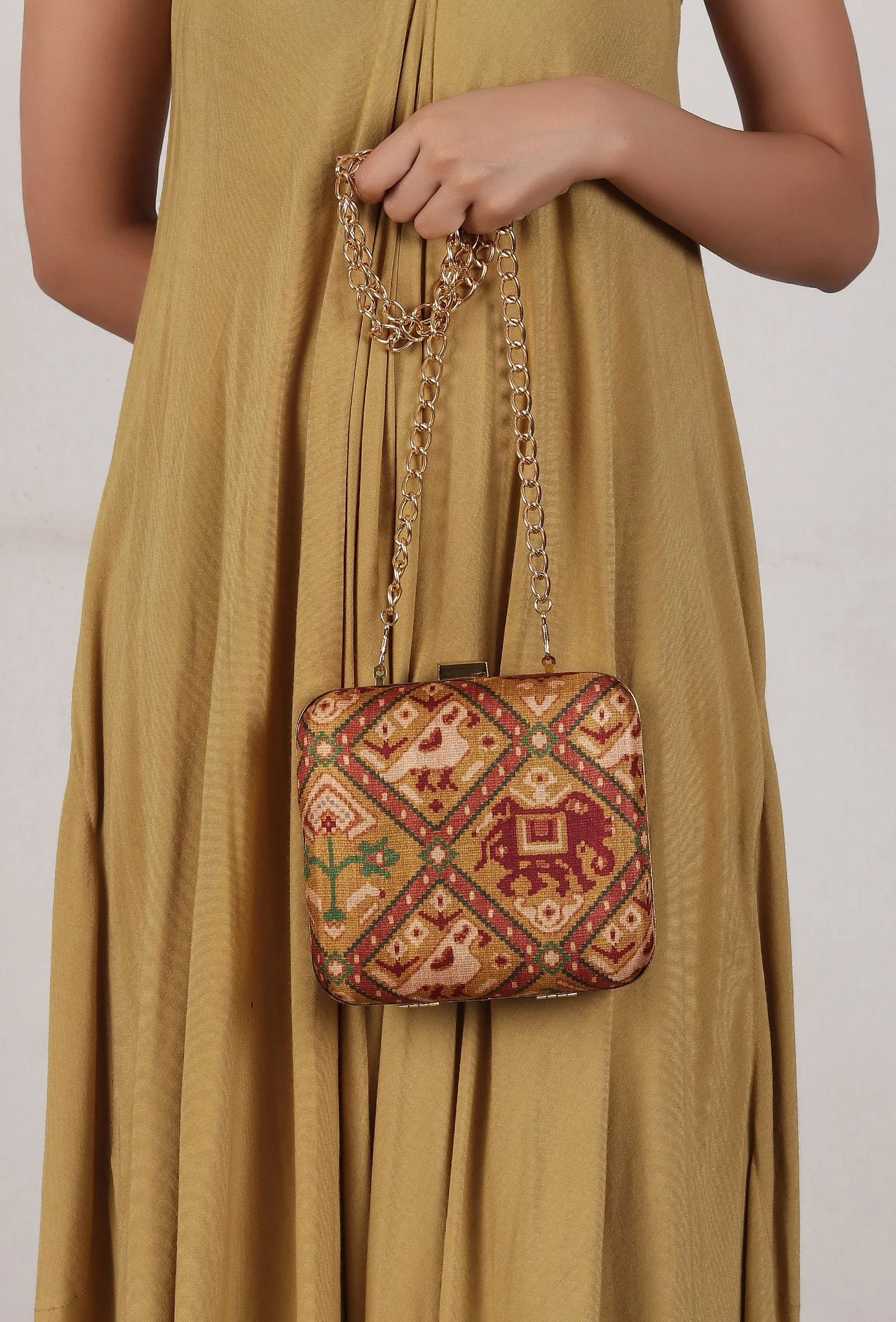 Aviva Golden & Multi Patola Print Square Box Clutch