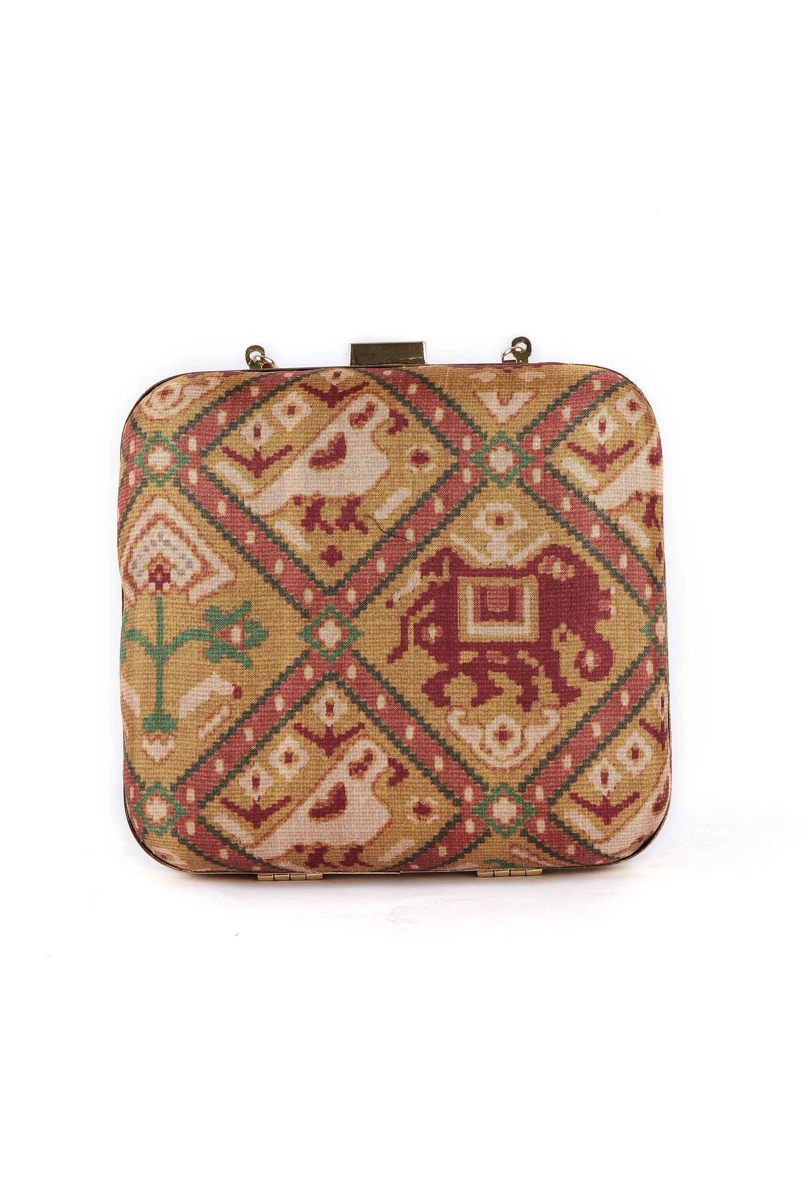 Aviva Golden & Multi Patola Print Square Box Clutch