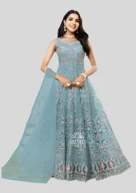 Beautiful Blue Color Heavy Embroidered Dress with Dupatta  For Women