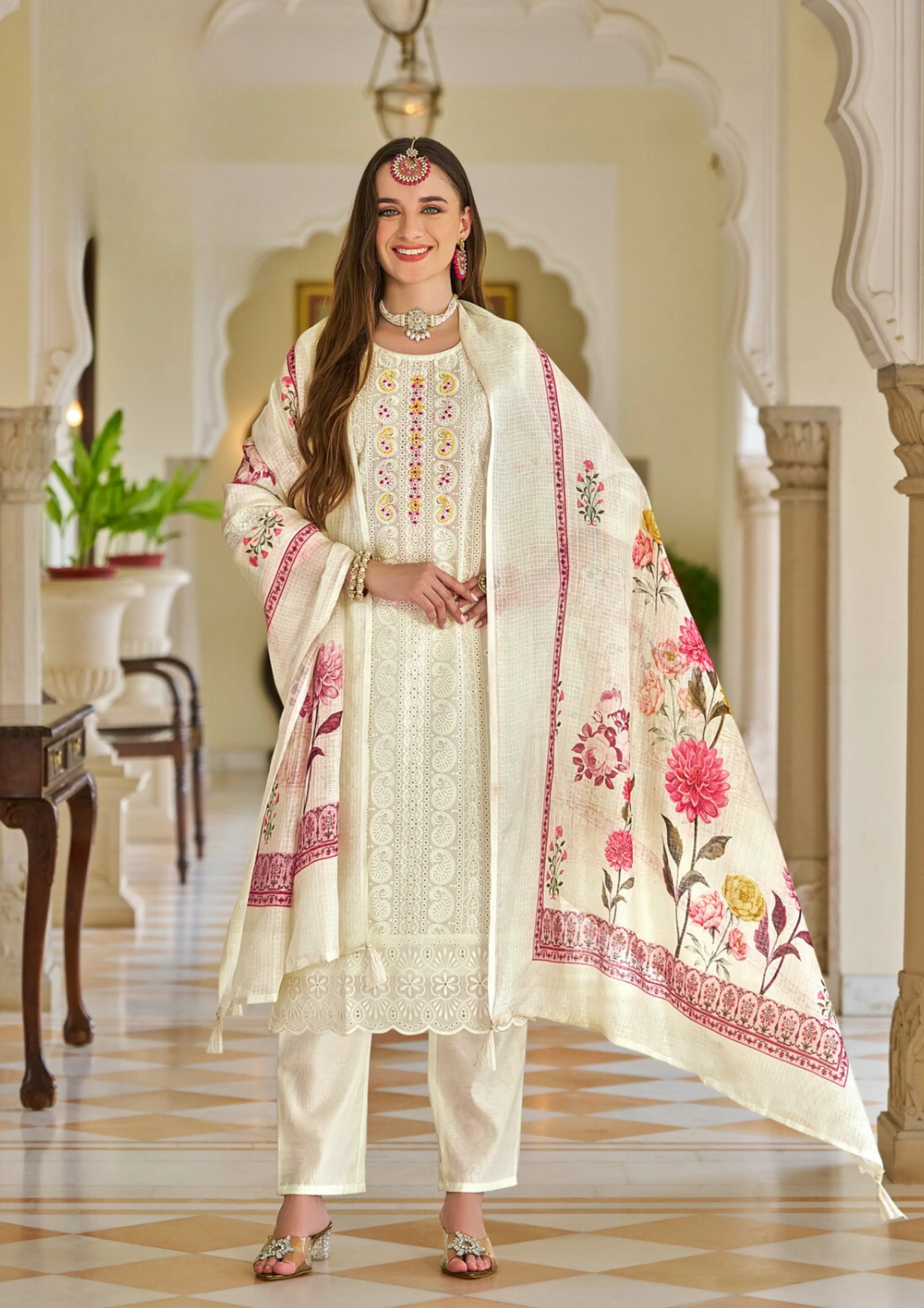 Beautiful Cream Color Chanderi Silk Salwar Suits For Women