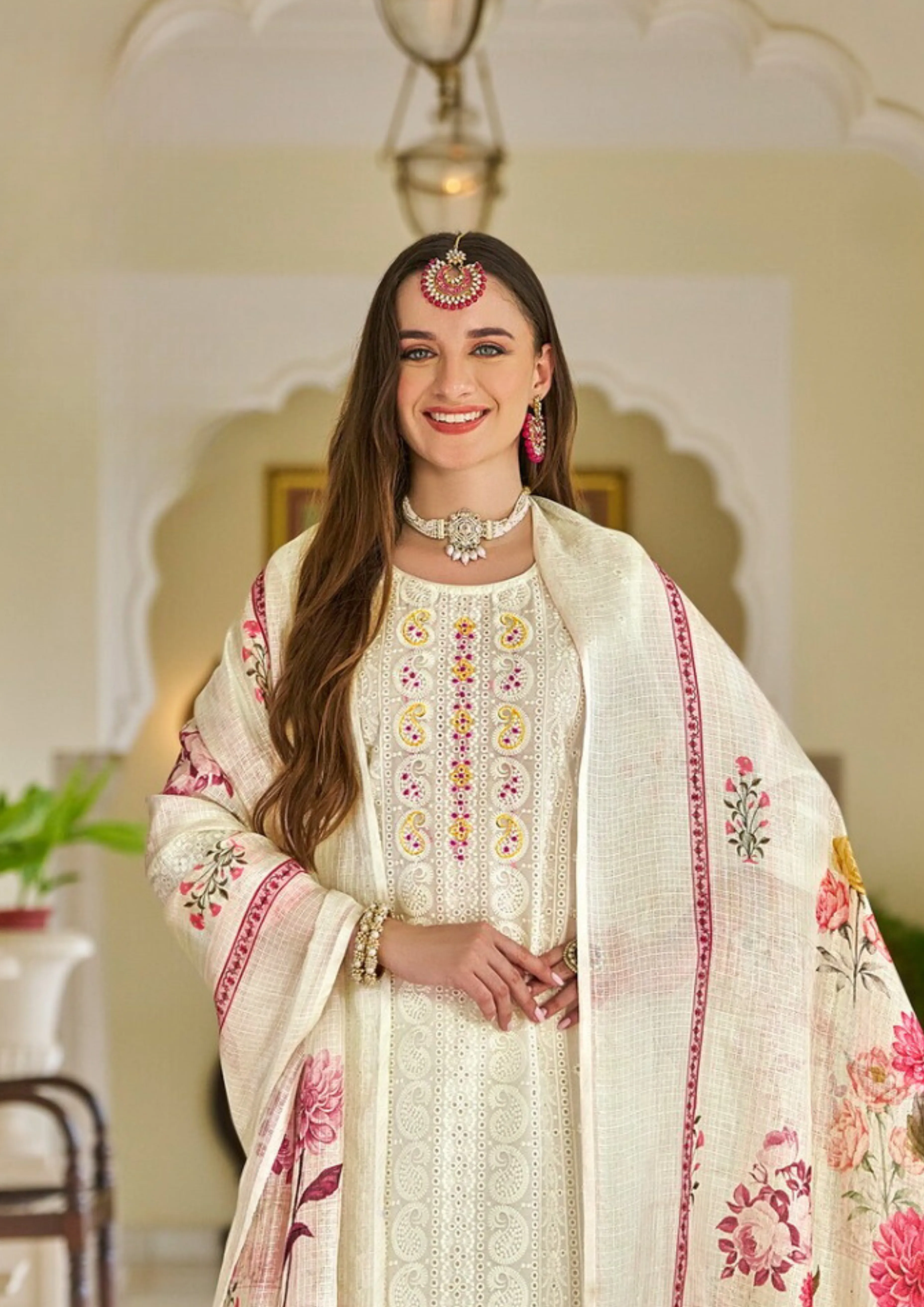 Beautiful Cream Color Chanderi Silk Salwar Suits For Women