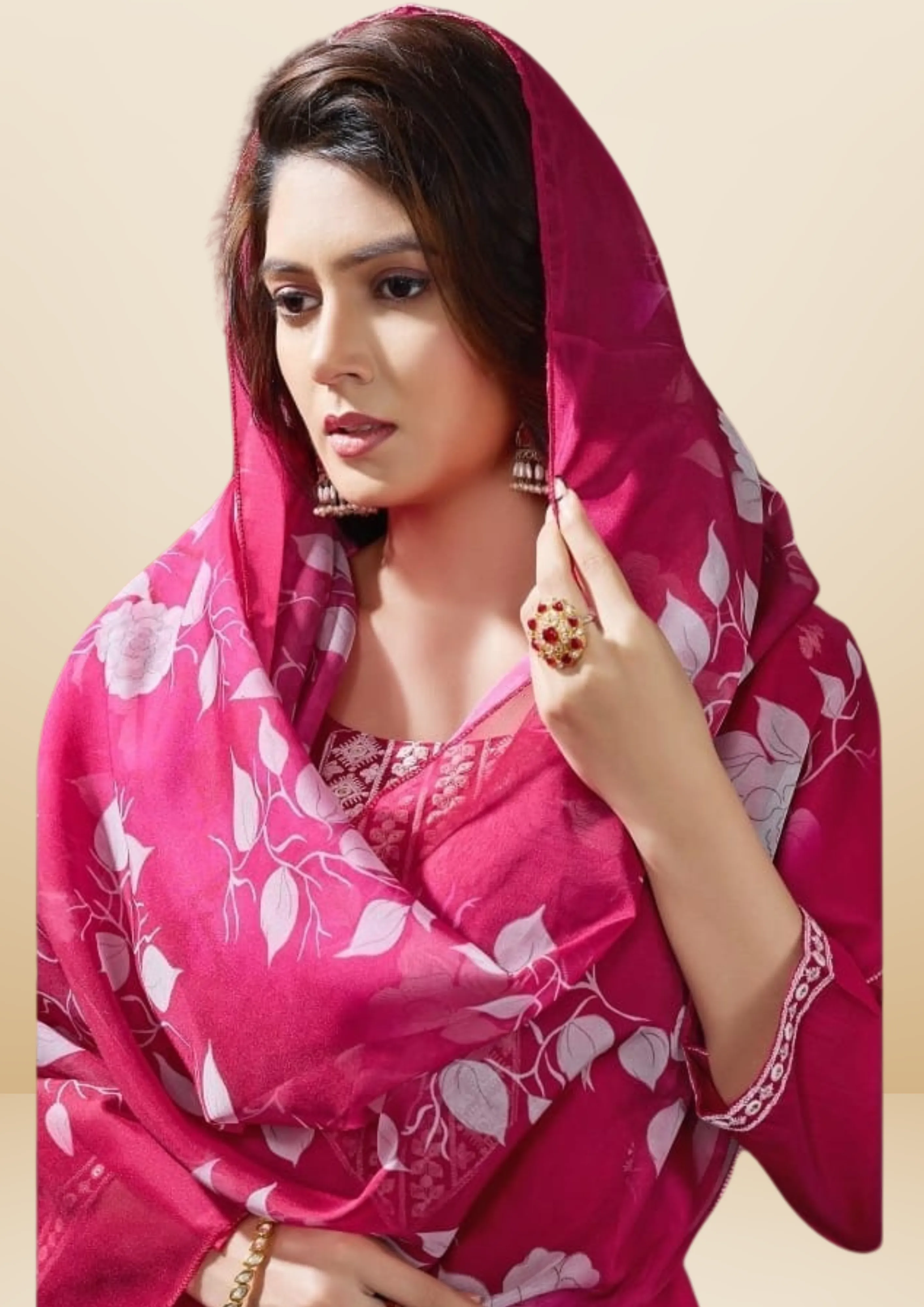 Beautiful Pink Colored Salwar Suits With Floral Design Dupatta For Women