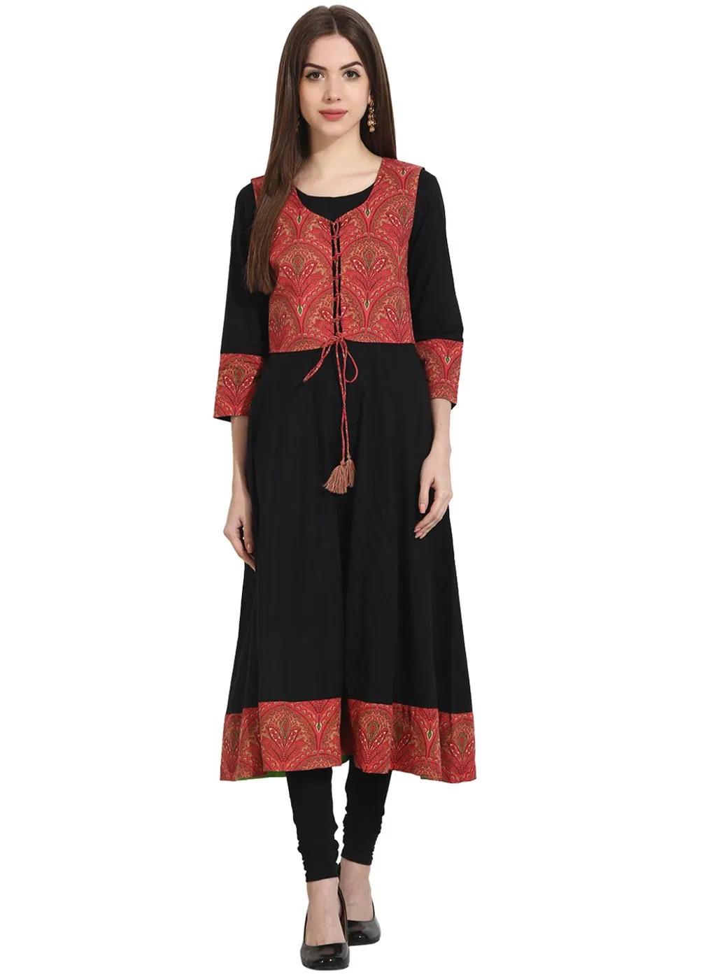 Black 3/4Th Sleeve Anarkali Kurta With Printed Jacket