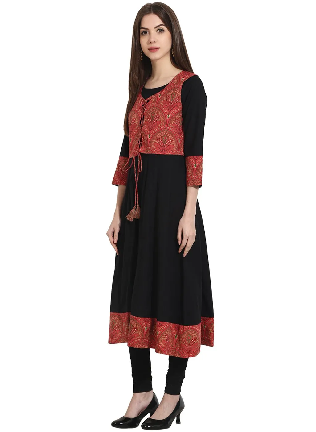 Black 3/4Th Sleeve Anarkali Kurta With Printed Jacket