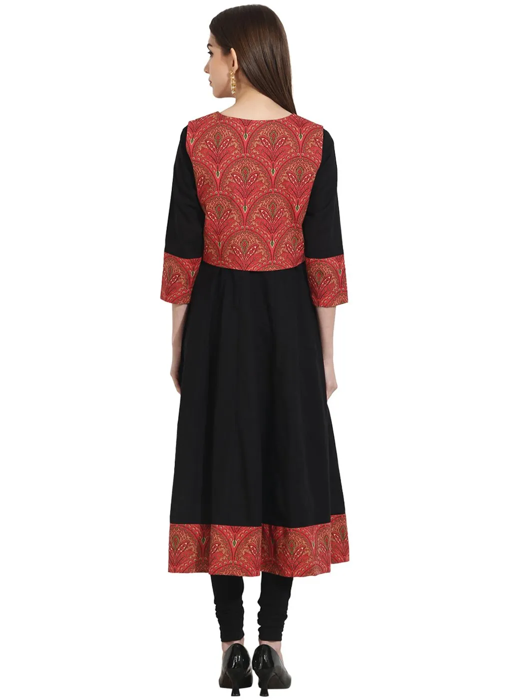 Black 3/4Th Sleeve Anarkali Kurta With Printed Jacket