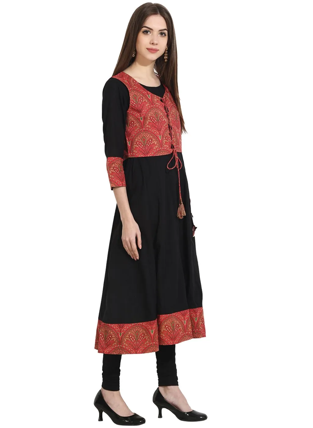 Black 3/4Th Sleeve Anarkali Kurta With Printed Jacket