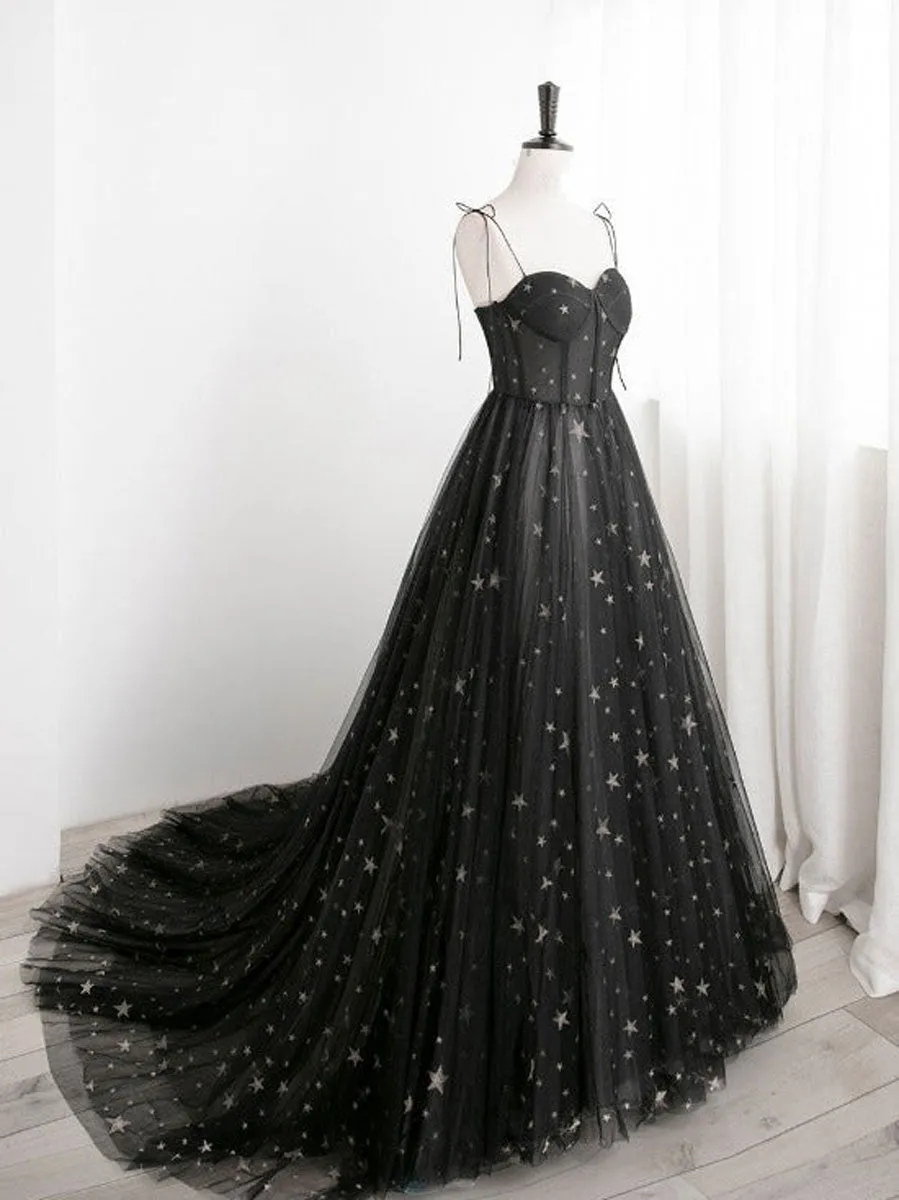 Black A line Sweetheart Neck Tulle Long Prom Dresses, Black Formal Graduation Dresses