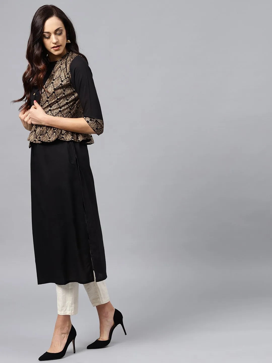 Black Kurta With Golden Short Detachable Jacket