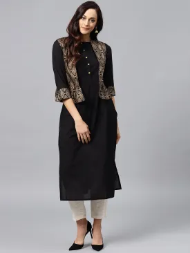 Black Kurta With Golden Short Detachable Jacket