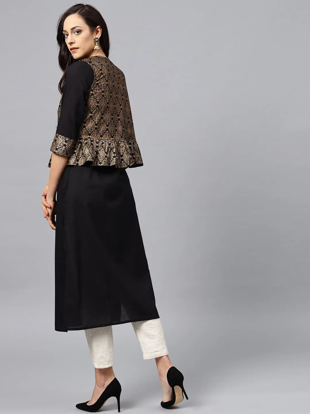 Black Kurta With Golden Short Detachable Jacket