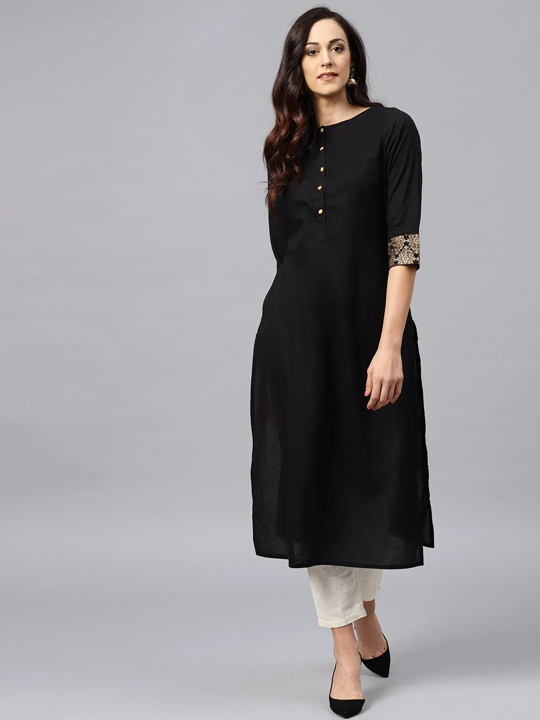 Black Kurta With Golden Short Detachable Jacket