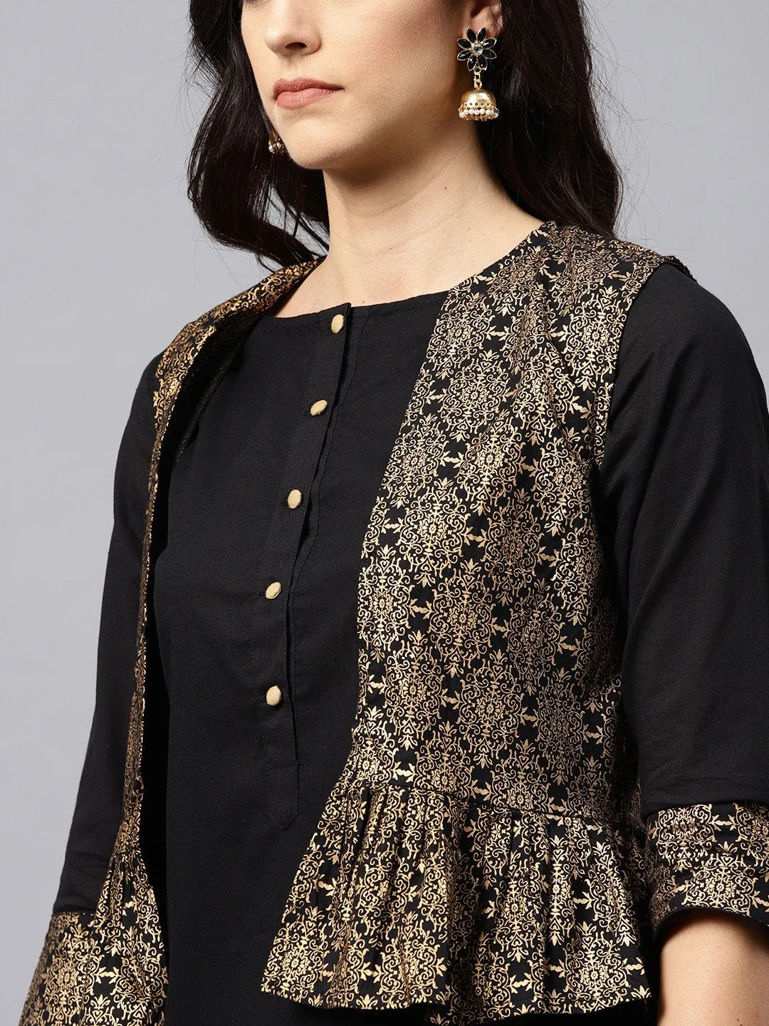 Black Kurta With Golden Short Detachable Jacket