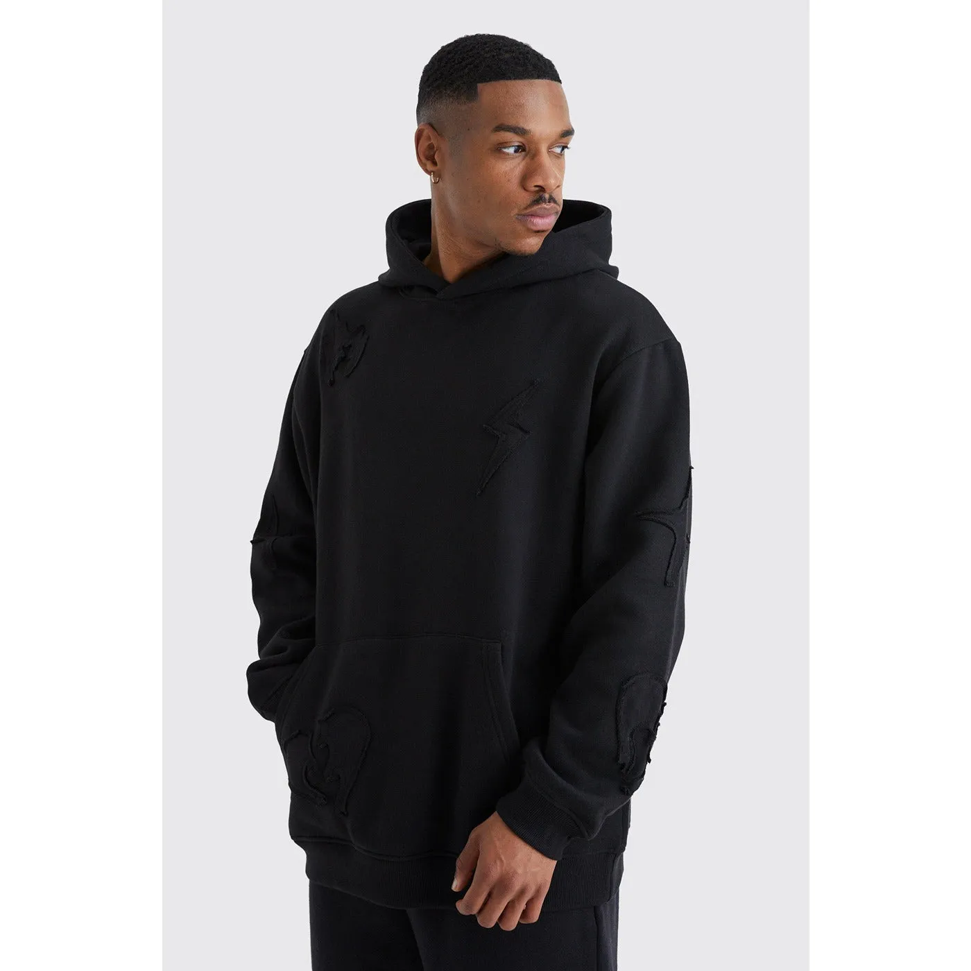 Black Oversized Raw Applique Hoodie