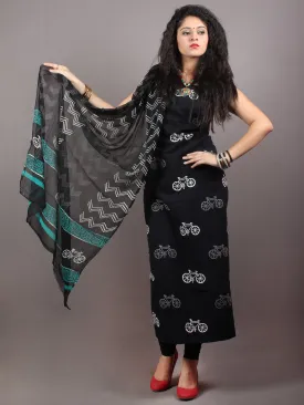 Black White Hand Block Printed Cotton Suit-Salwar Fabric With Chiffon Dupatta - S1628129