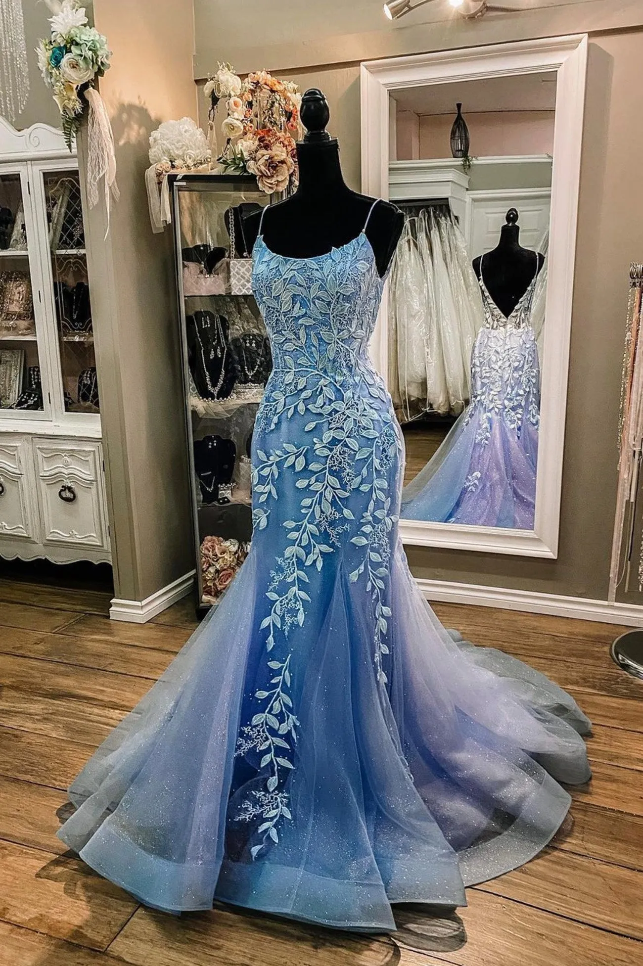 Blue Tulle Lace Long Mermaid Formal Dresses Blue Evening Dresses