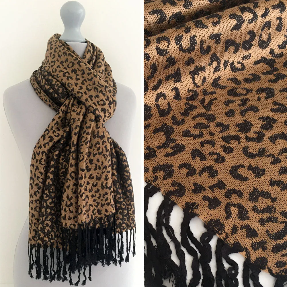 BROWN SMALL LEOPARD PRINT REVERSIBLE PASHMINA SHAWL SCARF