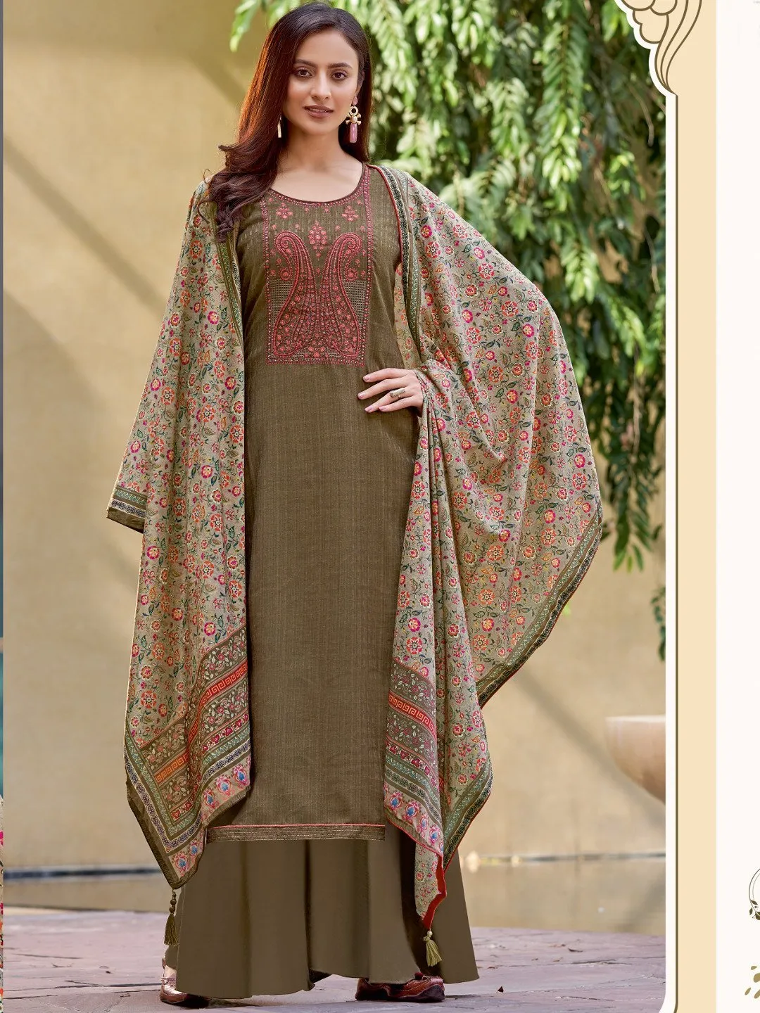 Brown Woolen Pashmina Winter Unstitched suits for Ladies