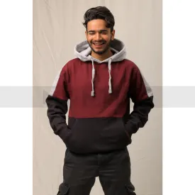 Burgundy Grey Colour Block Hoodie