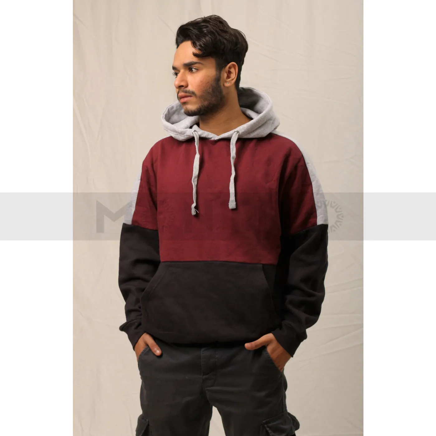 Burgundy Grey Colour Block Hoodie