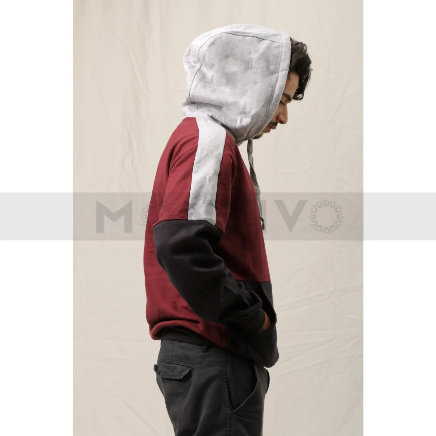 Burgundy Grey Colour Block Hoodie