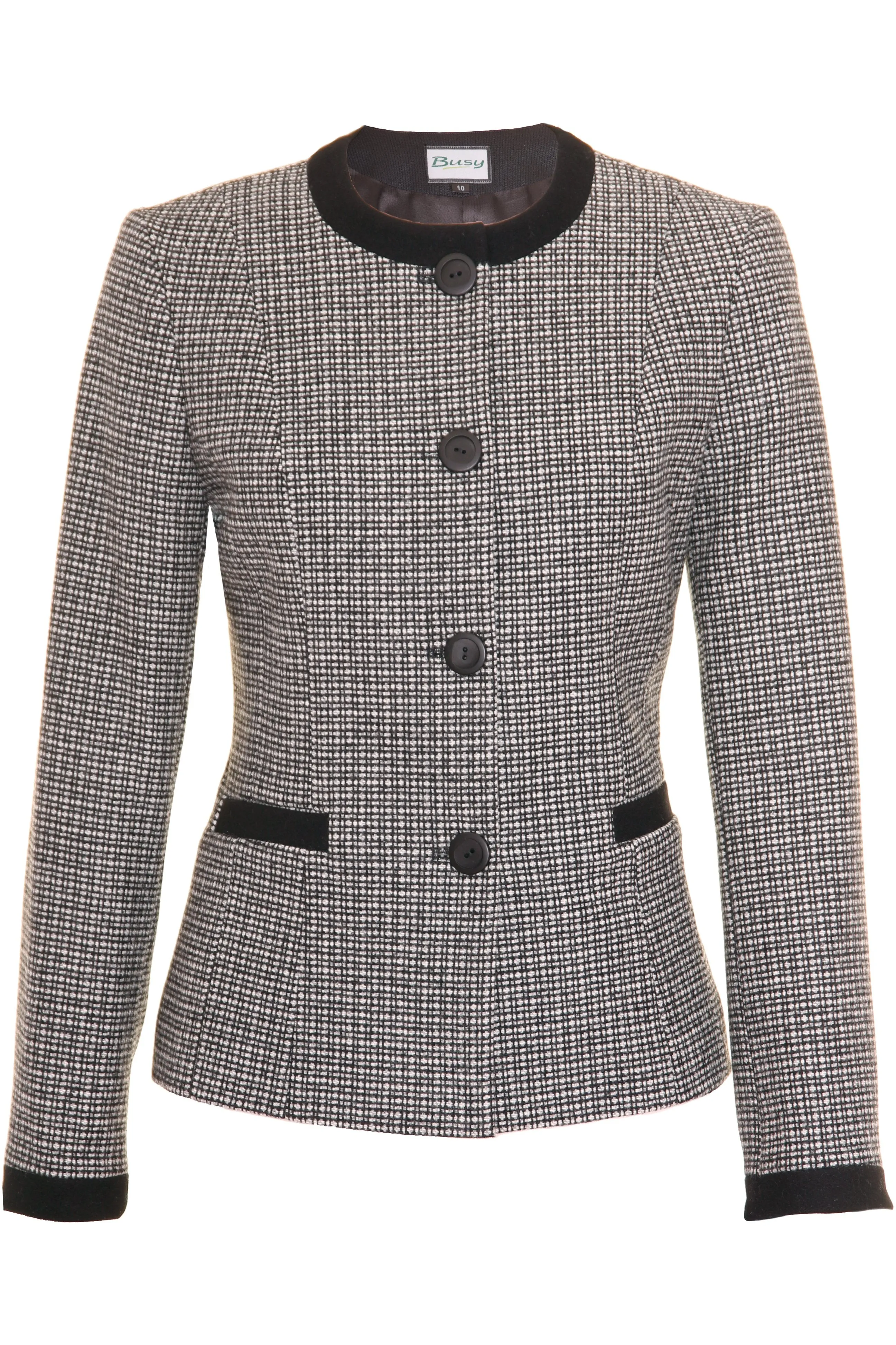 Busy Clothing Women Black and White Wool Blend Jacket Round Neck