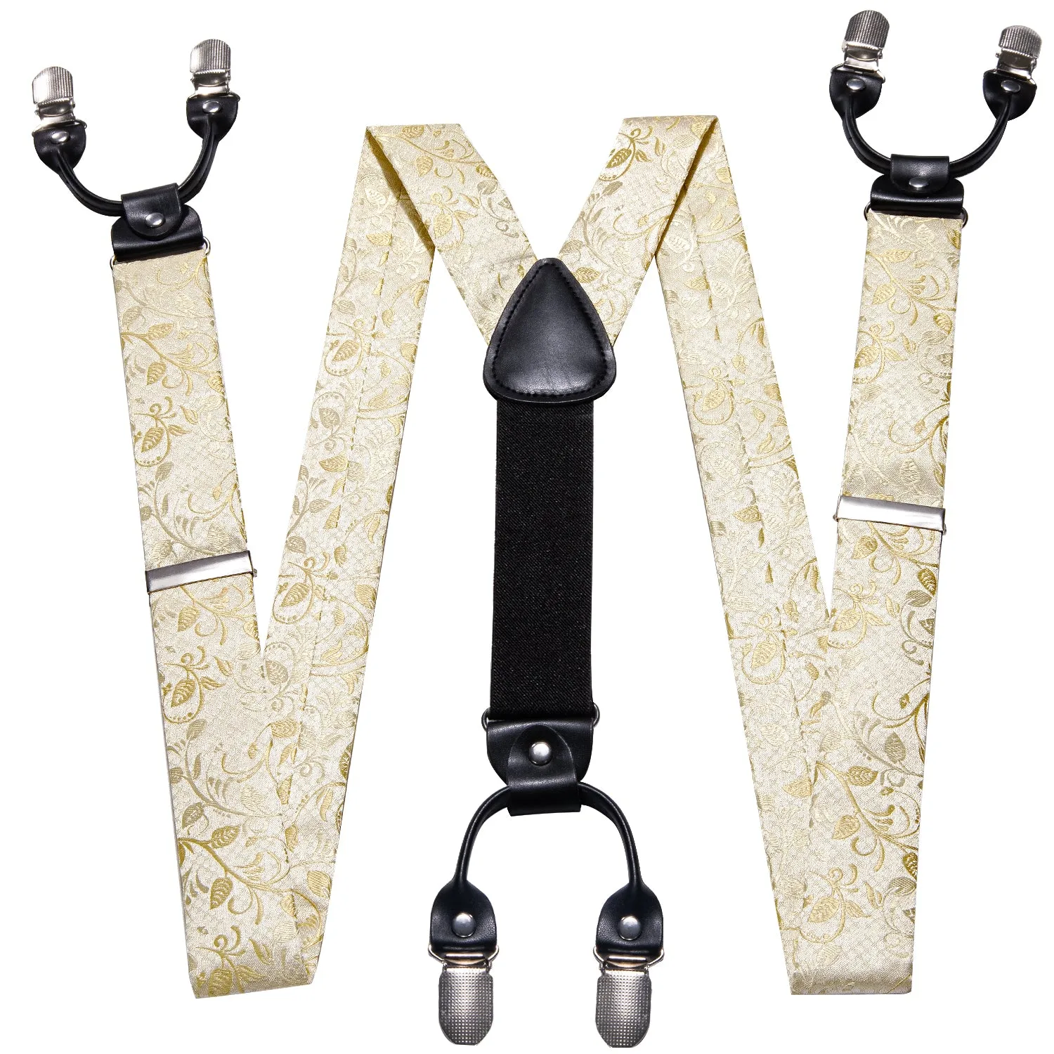 Champagne Floral Y Back Brace Clip-on Men's Suspender with Tie Set