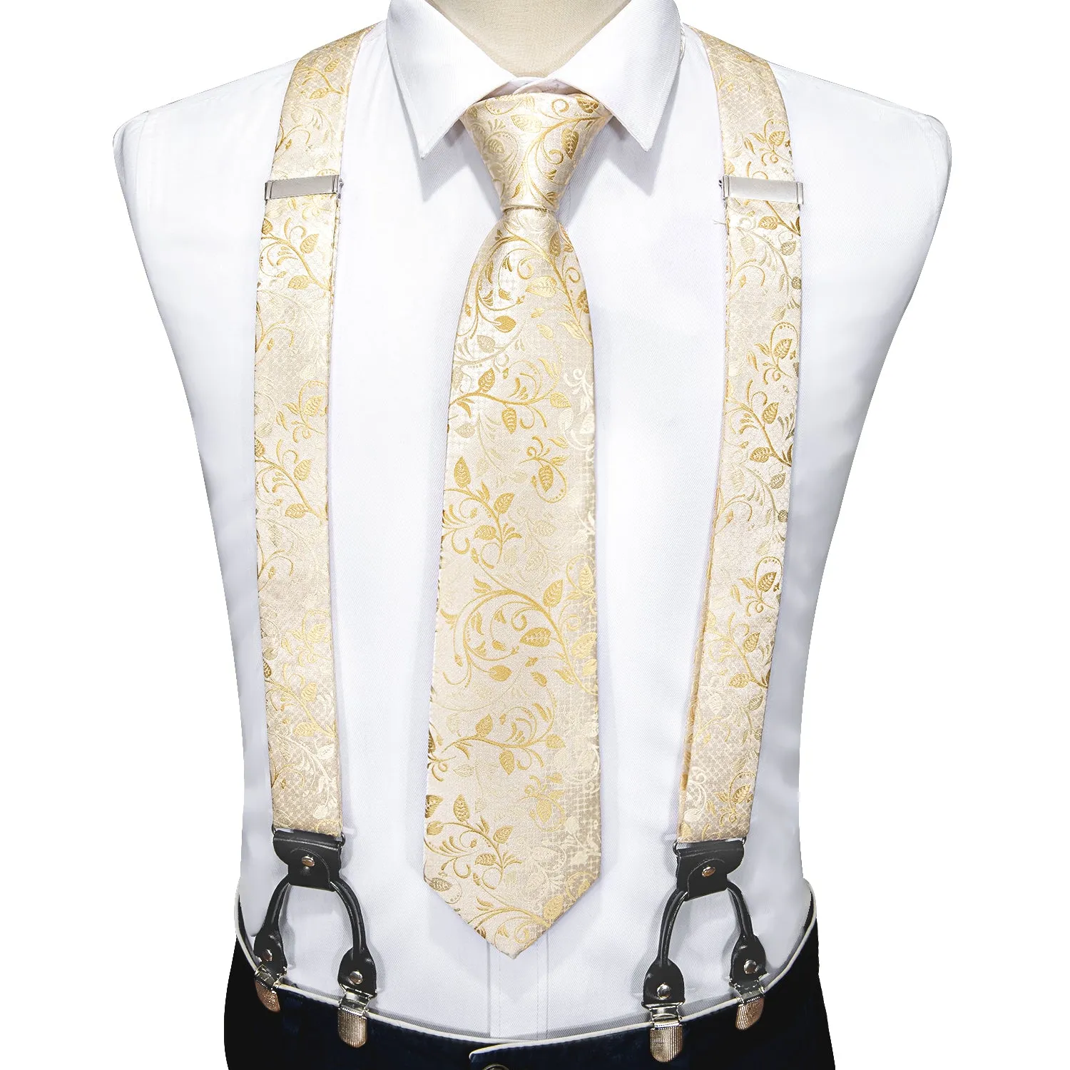 Champagne Floral Y Back Brace Clip-on Men's Suspender with Tie Set