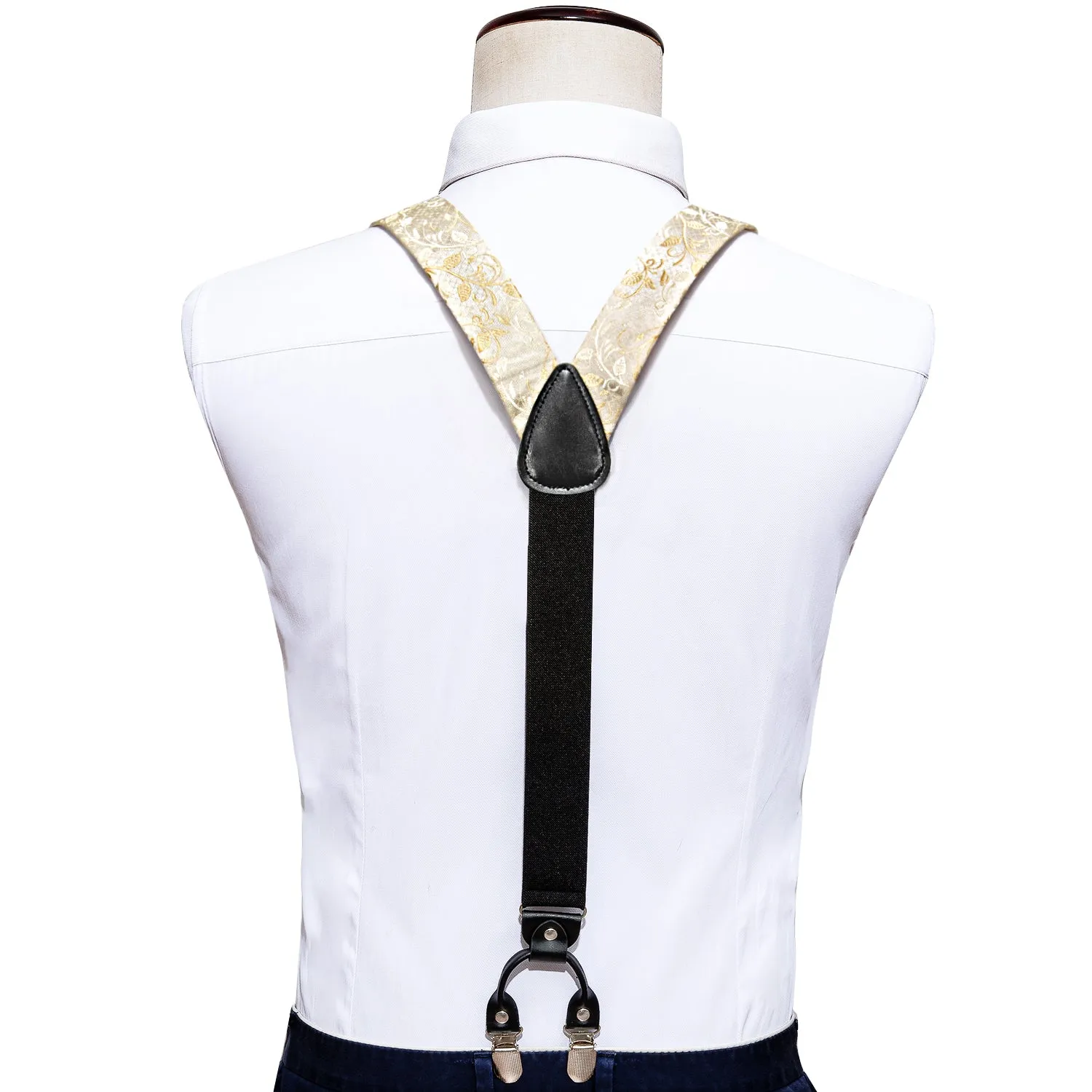 Champagne Floral Y Back Brace Clip-on Men's Suspender with Tie Set