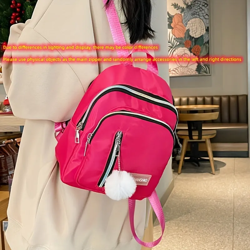 Chic Solid Color Zipper Backpack with Fur Ball  Perfect for Travel School  Outdoor