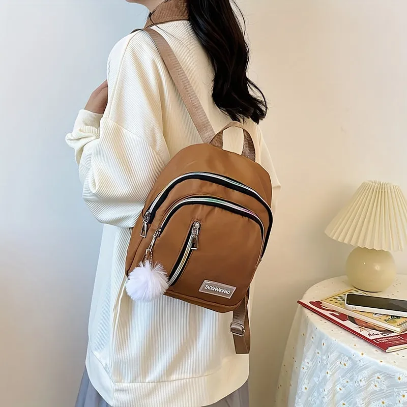 Chic Solid Color Zipper Backpack with Fur Ball  Perfect for Travel School  Outdoor