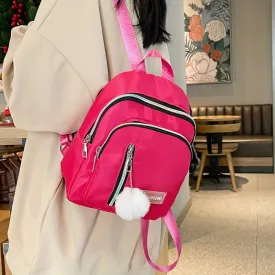 Chic Solid Color Zipper Backpack with Fur Ball  Perfect for Travel School  Outdoor