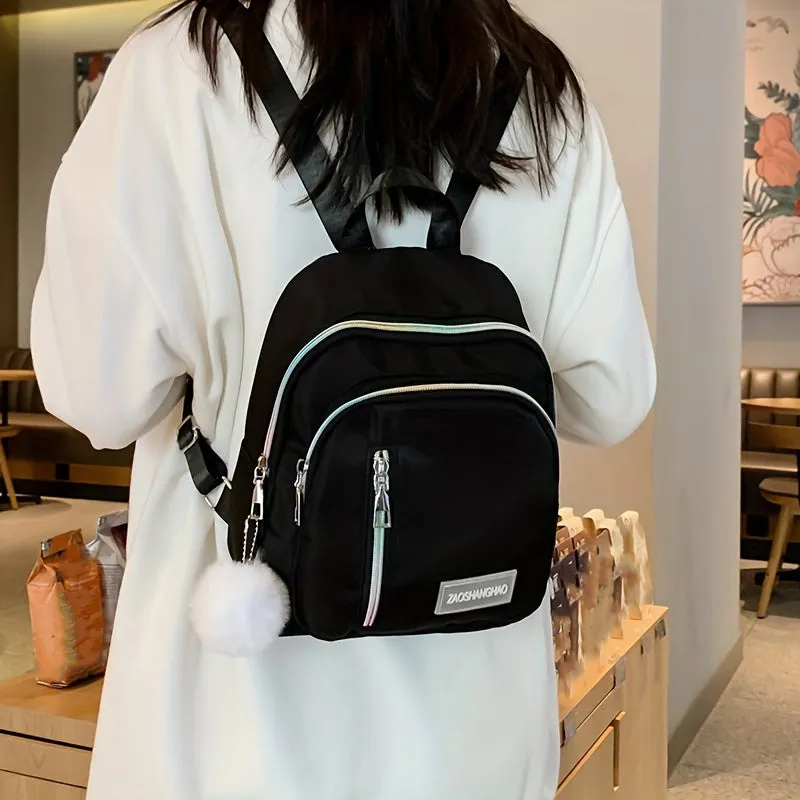 Chic Solid Color Zipper Backpack with Fur Ball  Perfect for Travel School  Outdoor