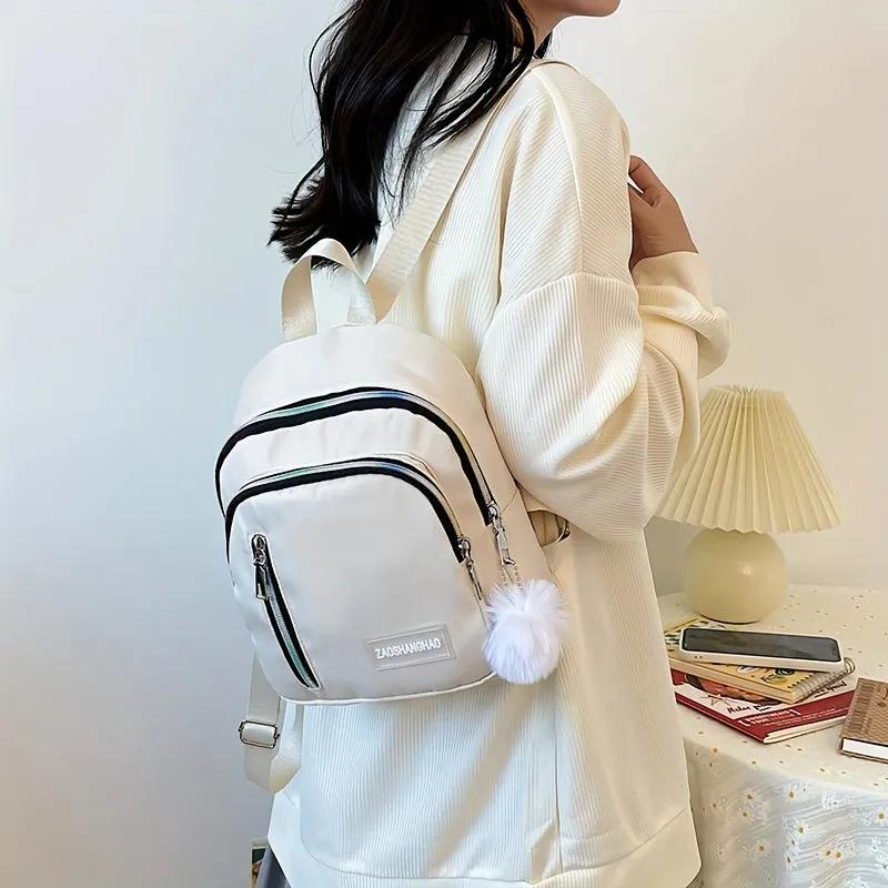 Chic Solid Color Zipper Backpack with Fur Ball  Perfect for Travel School  Outdoor