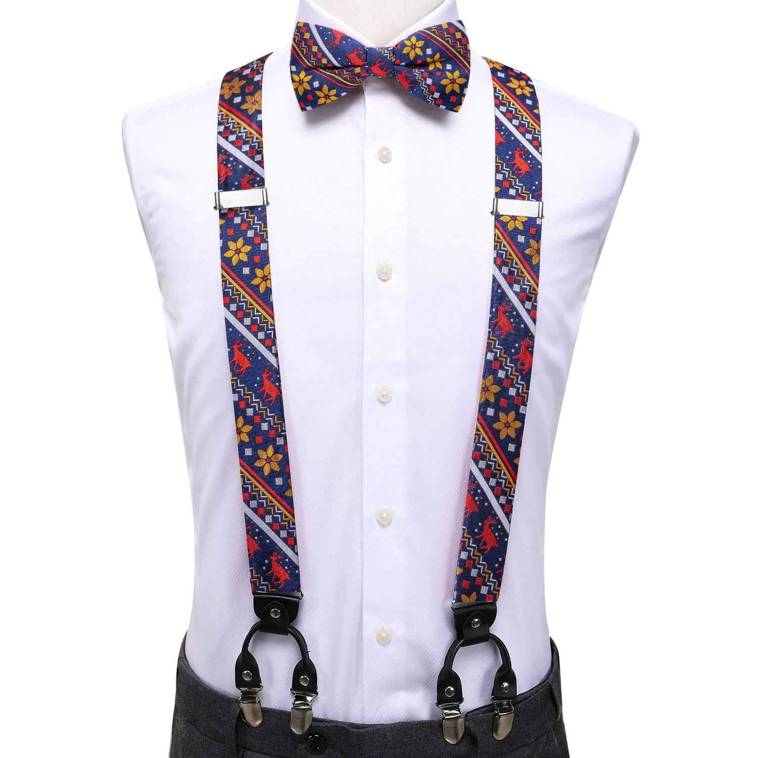 Christmas Navy Blue Red Deer Novelty Y Back Brace Clip-on Men's Suspender with Bow Tie Set