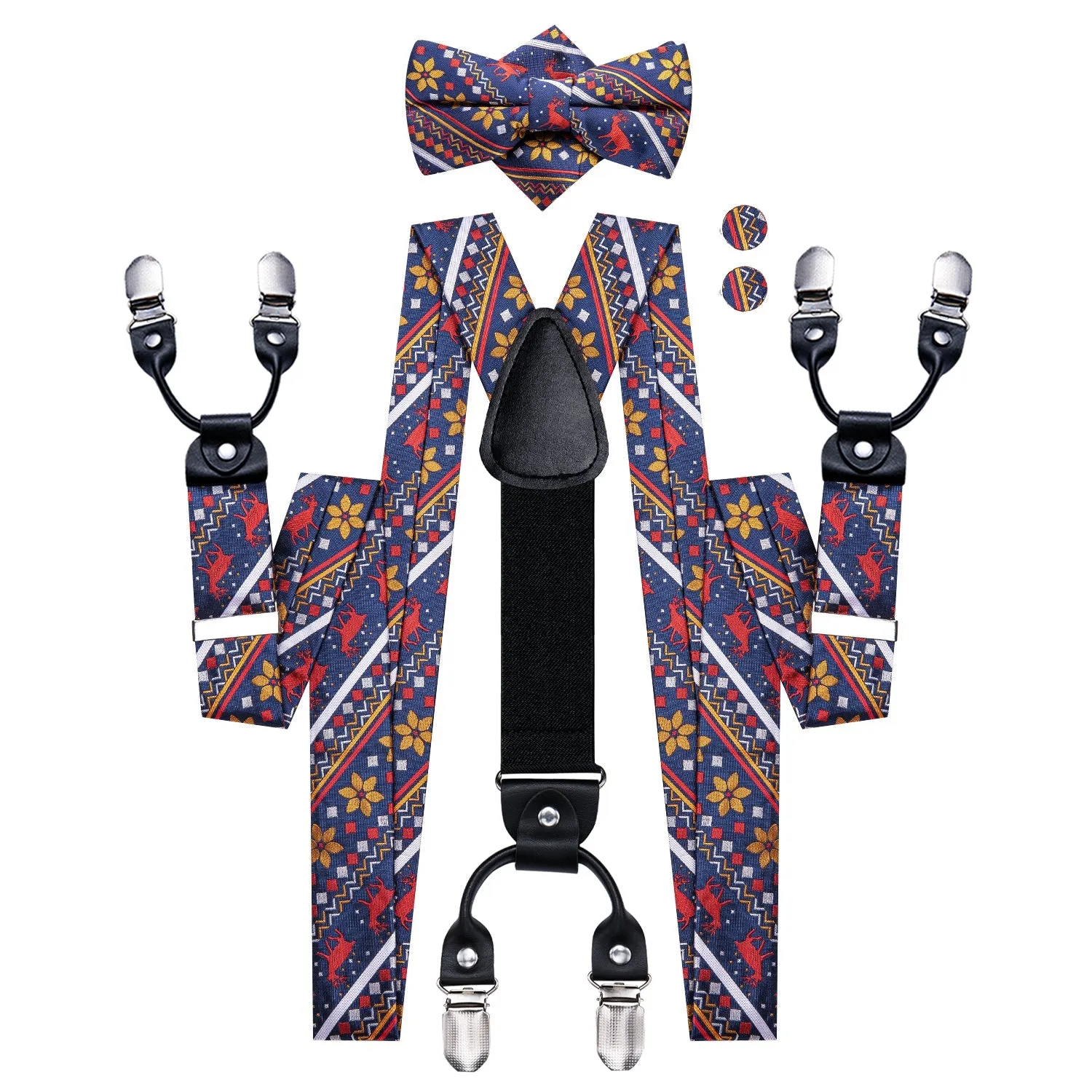 Christmas Navy Blue Red Deer Novelty Y Back Brace Clip-on Men's Suspender with Bow Tie Set