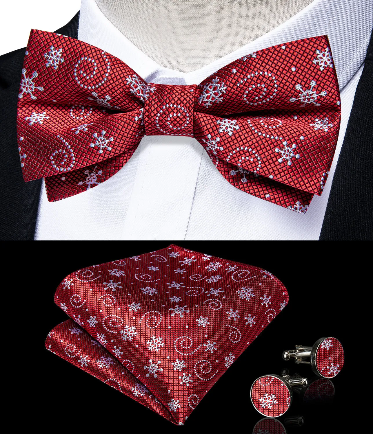 Christmas WineRed Snow Novelty Y Back Brace Clip-on Men's Suspender with Bow Tie Set