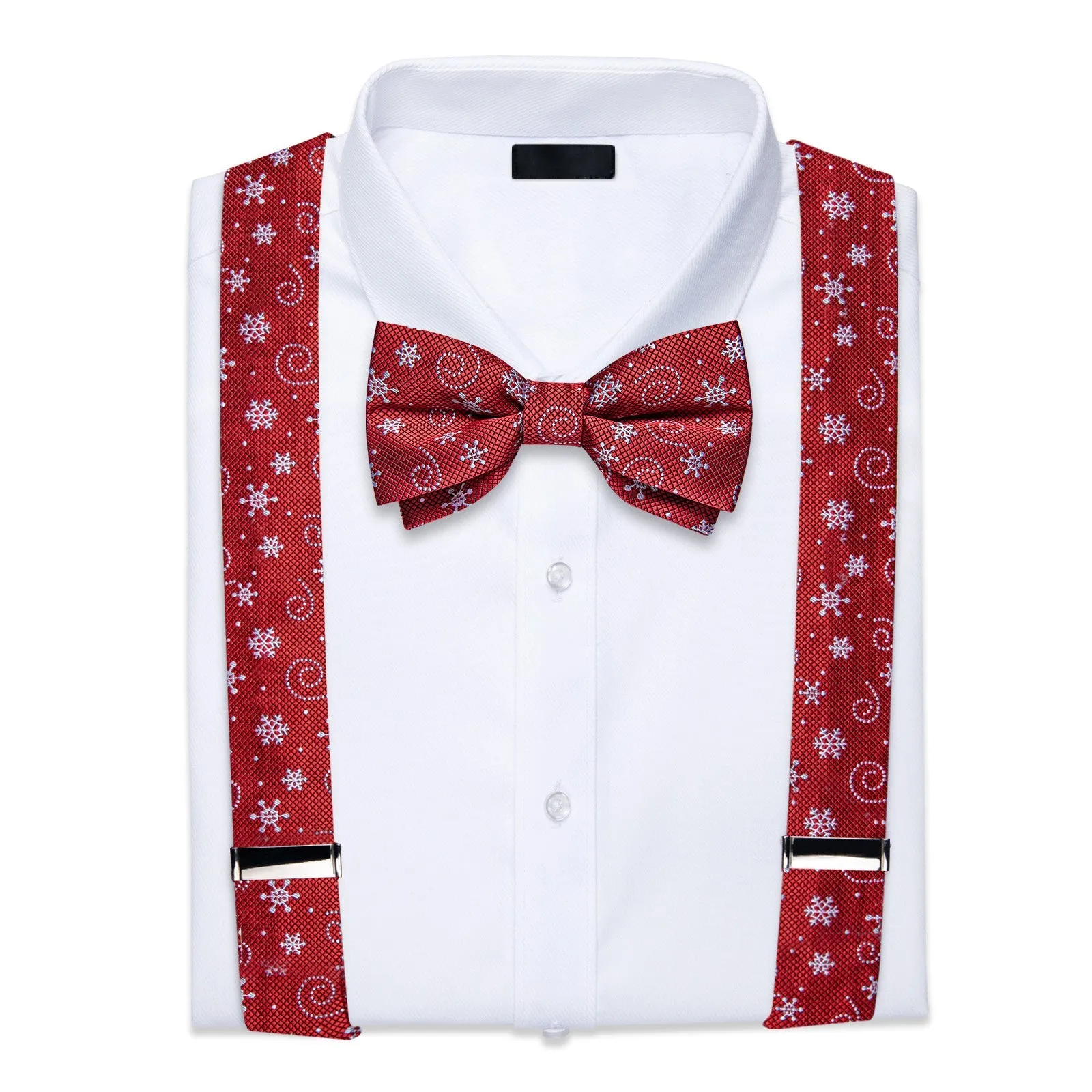 Christmas WineRed Snow Novelty Y Back Brace Clip-on Men's Suspender with Bow Tie Set