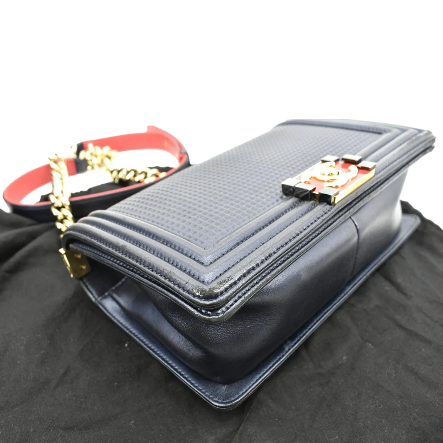 CL Medium Boy Flap Cube Embossed Leather Shoulder Bag Navy Blue