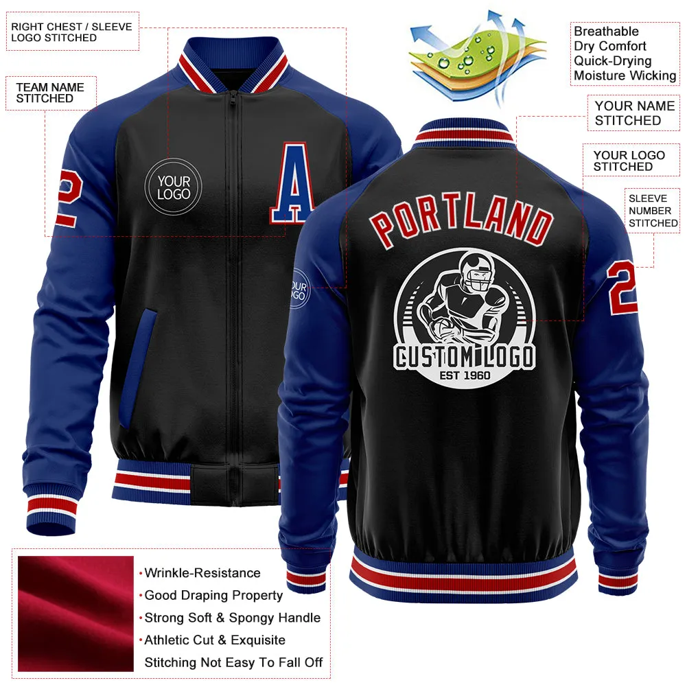 Custom Black Red-Royal Bomber Varsity Letterman Two Tone Zipper Jacket