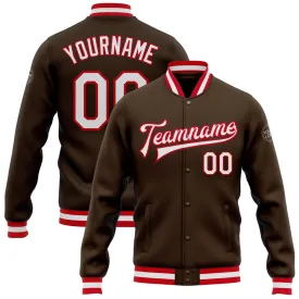 Custom Brown White-Red Bomber Full-Snap Varsity Letterman Jacket