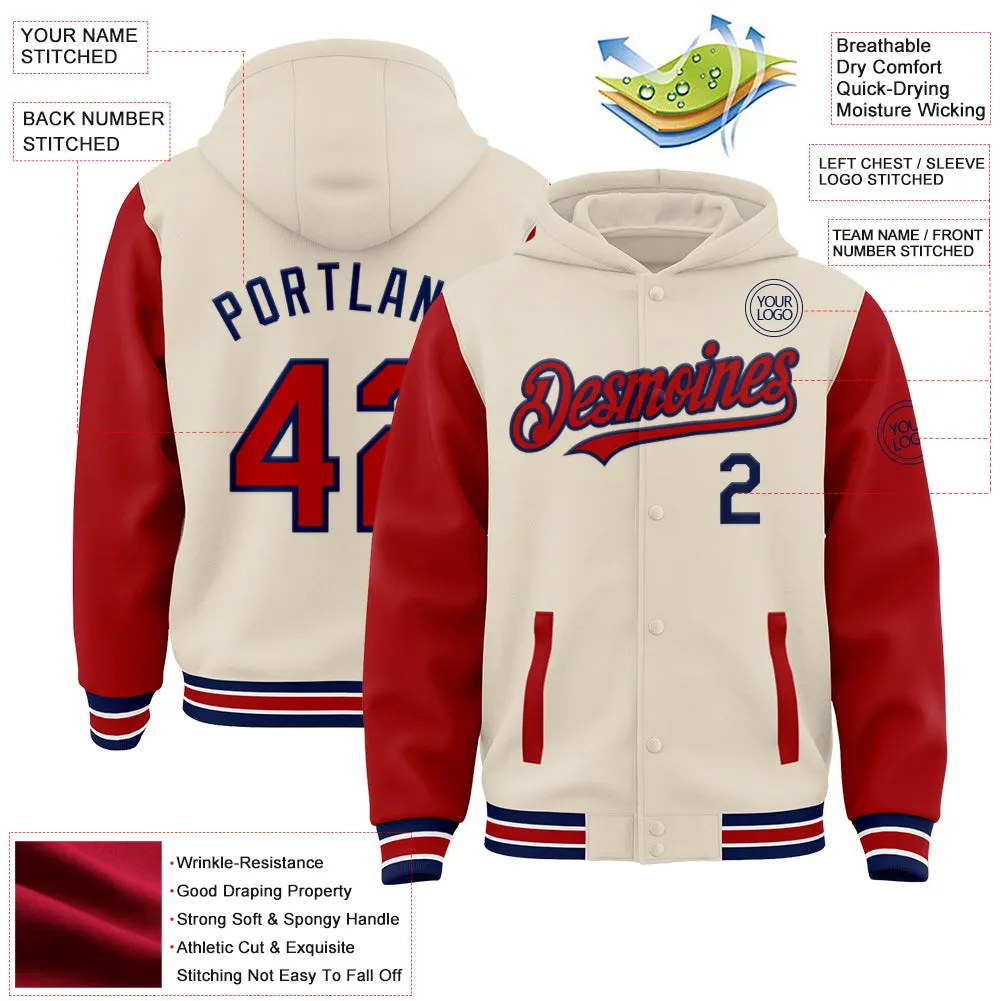 Custom Cream Red Navy-White Bomber Full-Snap Varsity Letterman Two Tone Hoodie Jacket